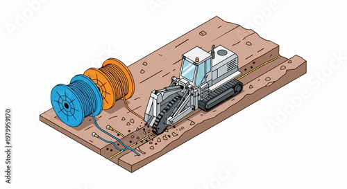 Isometric Vector Illustration of a Trenching Machine Laying Underground Fiber Optic Cables for Telecommunications Infrastructure and Broadband Internet Development