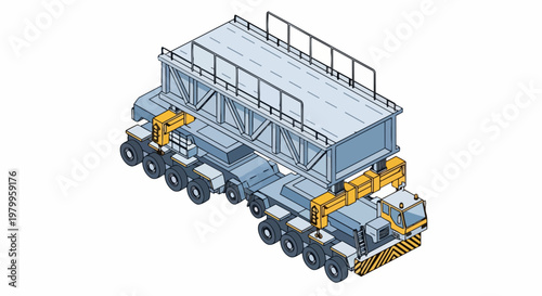 Isometric Heavy Load Transporter Carrying a Bridge Span Section, Industrial Vehicle for Infrastructure Development and Mega Construction Projects