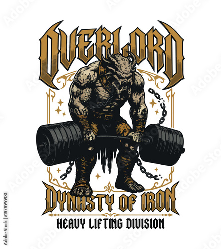 Mythical creature character with horns and scales wearing tribal gear performing a heavy deadlift exercise with a large barbell showcasing strength and  vintage gym t-shirt design
