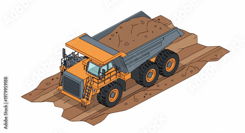 Isometric Large Haul Dump Truck Transporting Earth in Mining and Construction Site Illustration