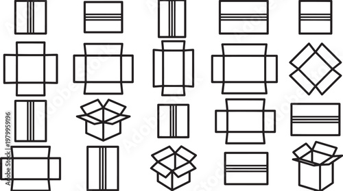Cardboard box outline diagrams in a variety of perspectives, ideal for conveying product packaging concepts.