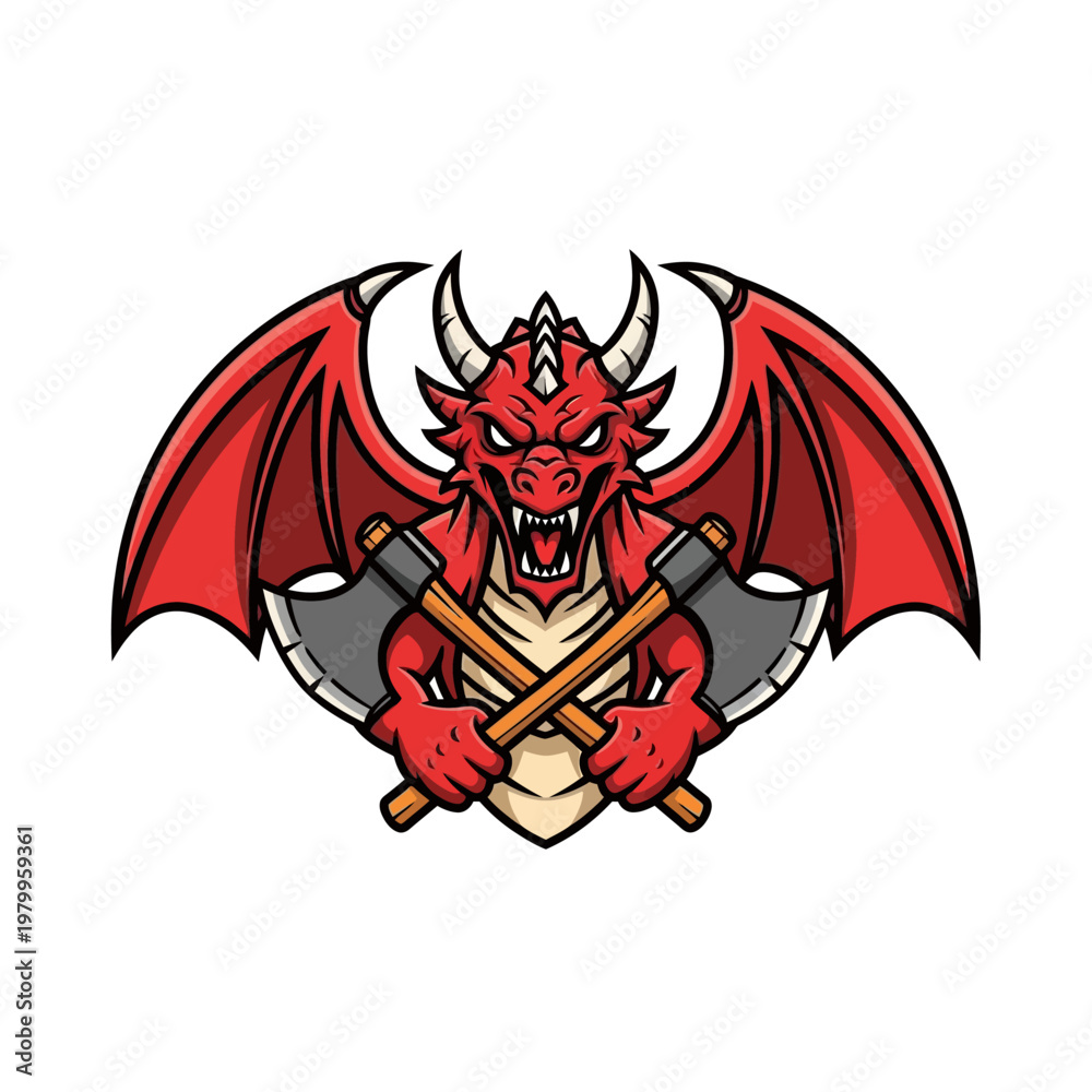 Fototapeta premium Fierce Red Dragon Mascot with Crossed Axes Illustration.