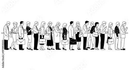 Illustration of a diverse group of people standing in a long queue.