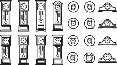 Line art illustration of clocks of different designs and styles, evoking a sense of time.