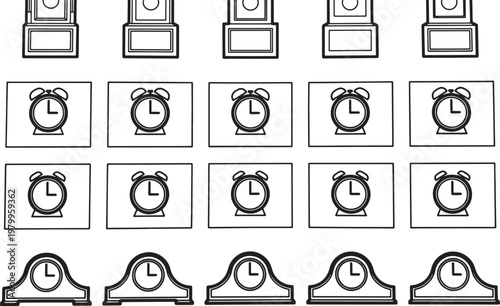 A rhythmic and time-honored illustration of a series of analog clocks, with a timeless essence to visualize the concept of time management.