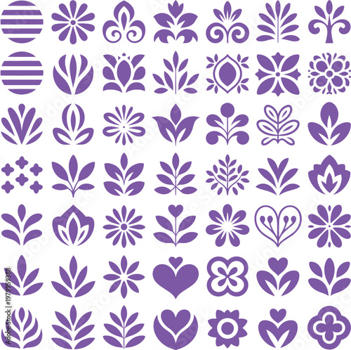 A harmonious collection of 50 delicate floral and heart-shaped motifs in a pleasing purple hue, perfect for decorative and artistic applications