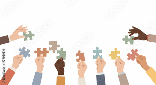 Diverse hands connect puzzle pieces, symbolizing teamwork, collaboration, and shared ideas in a white background