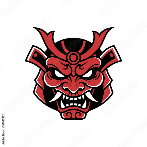 Fierce Red Samurai Mask with Horns and Fangs.