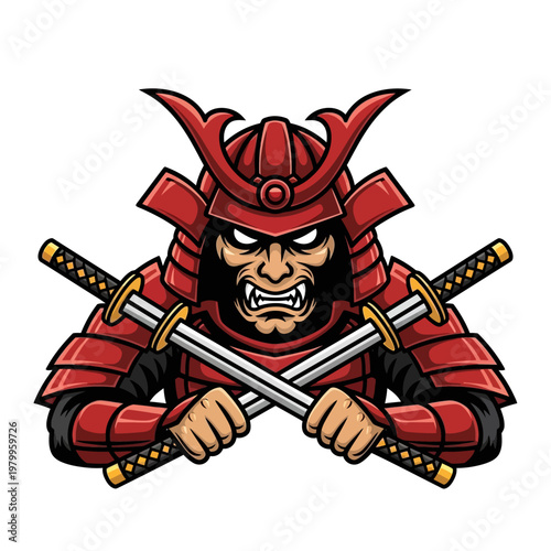 Fierce Samurai Warrior with Crossed Katanas.