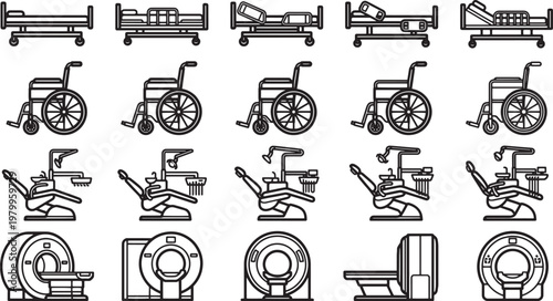 Medical equipment illustrations of essential tools used in healthcare, from patient beds and wheelchairs to advanced imaging technology, all designed to portray the healthcare industry.