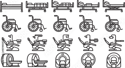 A detailed medical equipment illustration collection showcasing bed,wheelchair,chair and scanner.