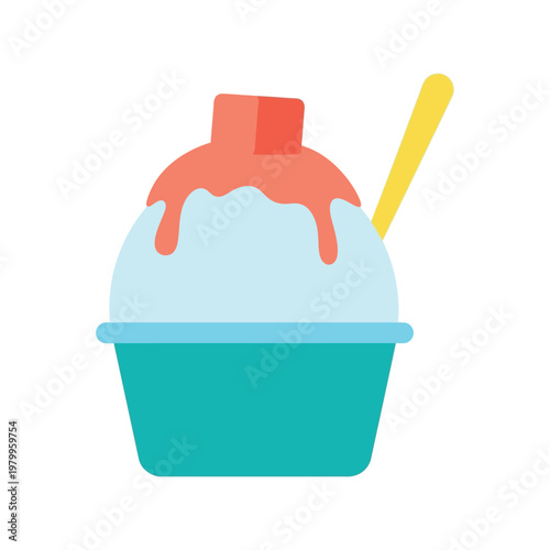 Shaved Ice Dessert Vector Illustration with Syrup in Blue Cup, Flat Style Icon