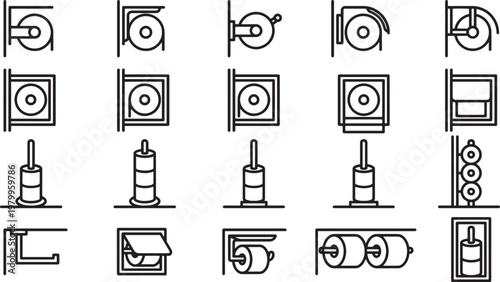 Toilet paper holder collection icons design for home decor and renovation needs.
