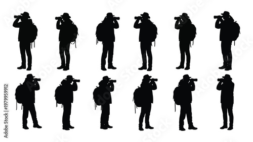 A collection of silhouetted figures each holding a camera and appearing to be wildlife or nature photographers high quality professional detailed