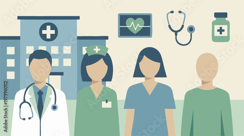 Healthcare professionals, patient, and medical icons at a hospital