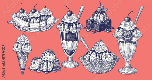 Ice cream dessert. Hand drawn black engraved vintage sweet delicious