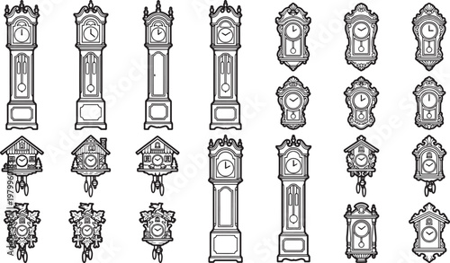 Intricate collection of detailed antique clocks and cuckoo clock illustrations, showcasing the timeless elegance of horology in a monochrome palette.