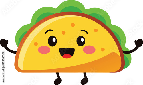 Cheerful taco character with lettuce and salsa