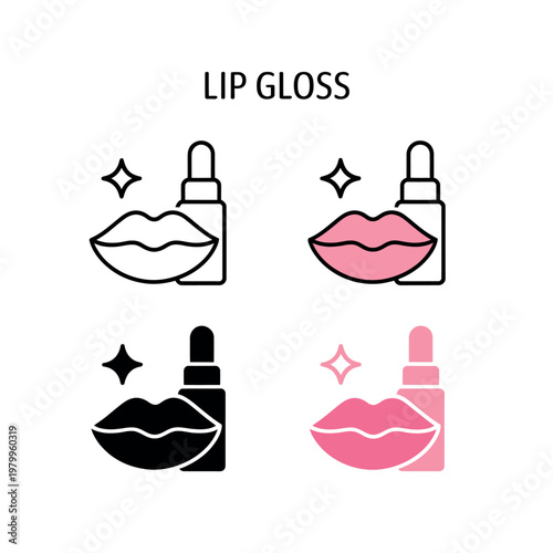 Lip gloss multi style icon vector illustration for personal care cosmetics representing beauty, makeup, and skincare UI UX web and app design