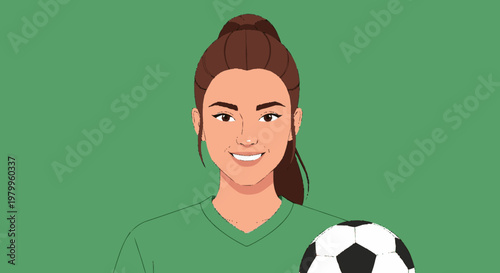 Woman smiling with soccer ball illustration against green background