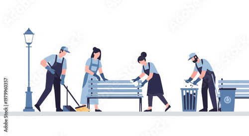 People cleaning city street with brooms and trash cans in a team