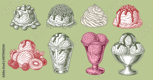 Ice cream dessert. Hand drawn black engraved vintage sweet delicious