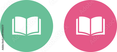 Two circular icons displaying open books in soft pastel shades of green and pink for education