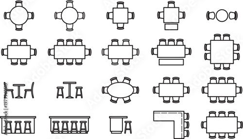 A collection of diverse table designs is presented, showcasing various shapes and sizes. This illustration highlights a range of furnishing options for architectural planning and interior design.