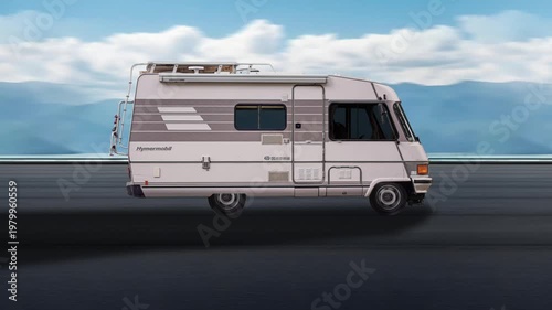 Side view of a Motorhome driving on highway at high speed with blue sky and mountains background. Motorhome moving forward on background with motion blur effect. 4K Infinite Seamless loop animation.