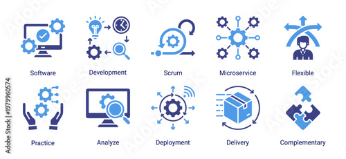 DevOps development icon set with microservices,agile scrum,software deployment and delivery workflow for continuous integration process