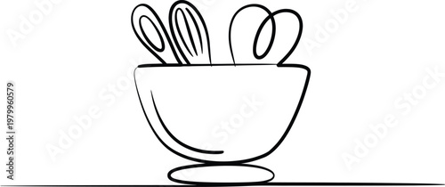 Hand drawn illustration of a mixing bowl with cooking utensils for baking and food preparation