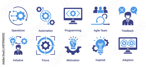 DevOps operations icon set including automation,programming,team collaboration and workflow optimization for scalable system operations