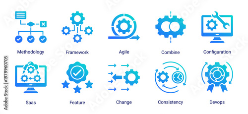 Agile DevOps icon set with framework,configuration,saas and feature development for modern cloud based software architecture