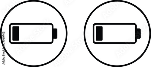 Two low battery indicator symbols displayed inside circular frames representing minimal power levels for electronic devices