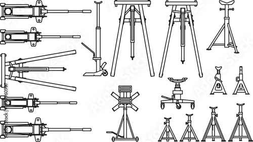 A detailed technical illustration showcases a variety of different tools for vehicle servicing, highlighting their functionality and design.
