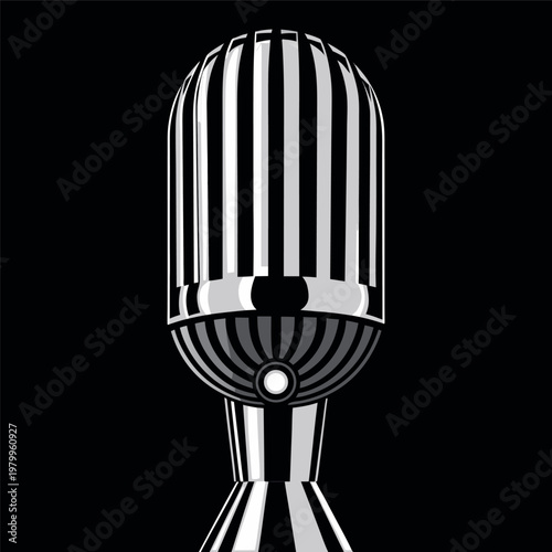 A vintage microphone surrounded by swirling musical notes in red and black