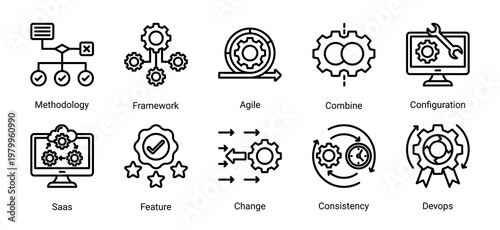 Agile DevOps icon set with framework,configuration,saas and feature development for modern cloud based software architecture