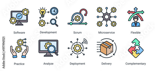 DevOps development icon set with microservices,agile scrum,software deployment and delivery workflow for continuous integration process