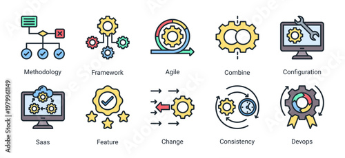 Agile DevOps icon set with framework,configuration,saas and feature development for modern cloud based software architecture