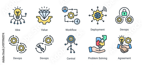 DevOps integration icon set featuring workflow,problem solving,centralized system and deployment process for efficient digital infrastructure