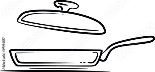 Hand drawn sketch of a frying pan with a matching lid for preparing delicious home meals