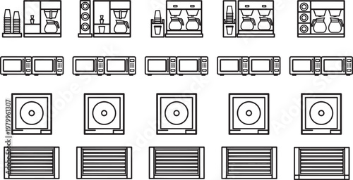 A minimalist outline set of kitchen appliances in perfect order, showcasing a range of equipment for your home or business design.