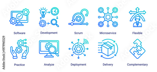 DevOps development icon set with microservices,agile scrum,software deployment and delivery workflow for continuous integration process