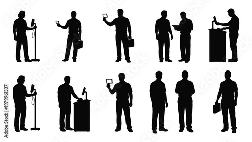 A collection of silhouette figures depicting various professional scenarios including presentations speaking and casual stances high quality detailed modern elegant stylish