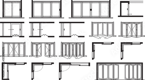 Architectural blueprint showcasing diverse modern windows and doors, each illustration highlighting functionality and design in a minimalist aesthetic.