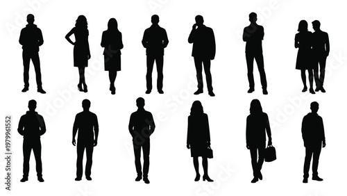 A collection of black silhouettes depicting diverse people in various standing poses against a stark white background high quality professional detailed