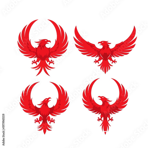 Four majestic red phoenix birds with wings spread in various poses.