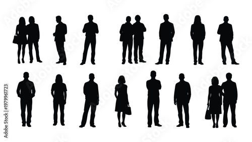 A collection of black silhouettes depicting diverse people including couples and individuals standing in various poses high quality professional detailed modern