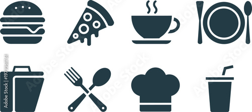 Set of dark food and kitchen utensil icons including burger pizza coffee and chef hat