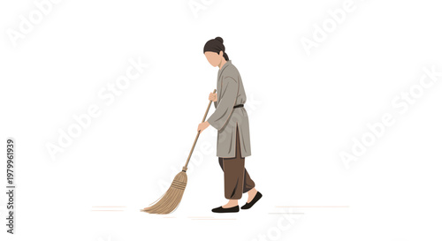 Person Sweeping Floor Daily Activity Natural Color Illustration